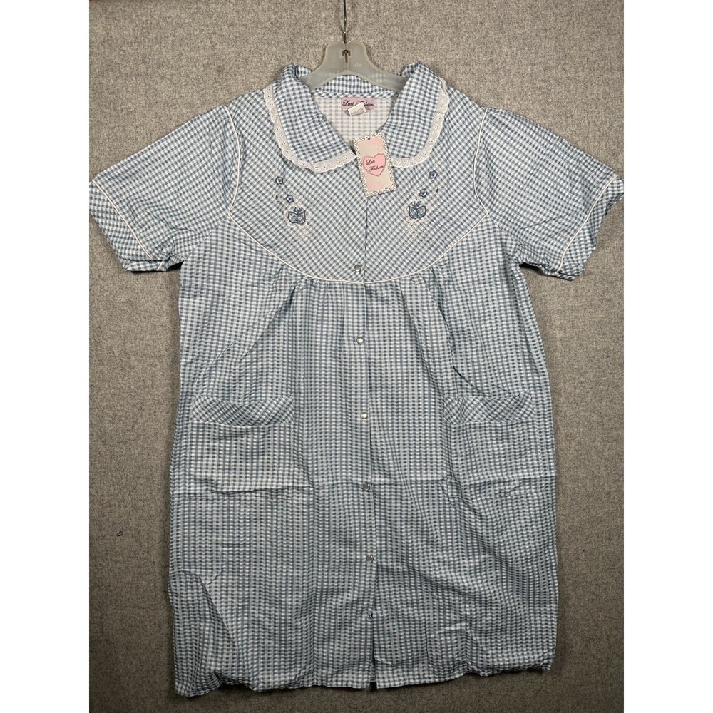 NEW Vintage Lati Fashion Womens House Dress Gingham Blue Short Sleeve Snap
